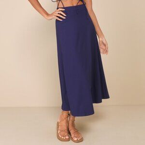 Lulus Sincerely Posh Navy Blue High Rise Midi Skirt - Size L
